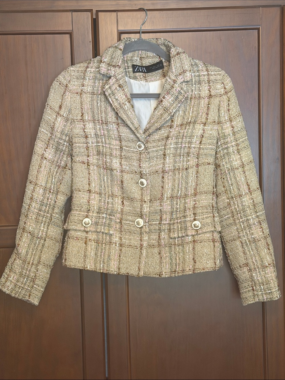 Zara Beige Tweed Plaid Blazer Jacket